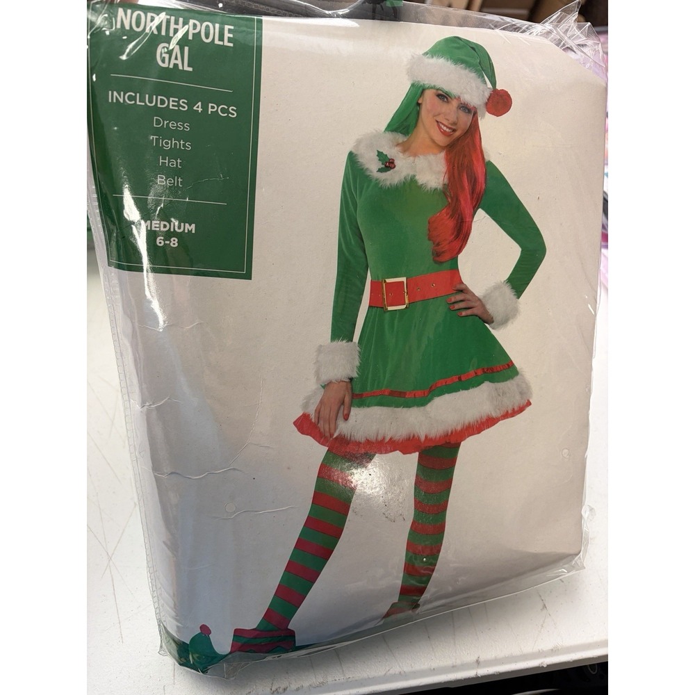 North Pole Gal. Sexy Elf Halloween Costume Adult Sz M 6-8 Christmas Cosplay NEW